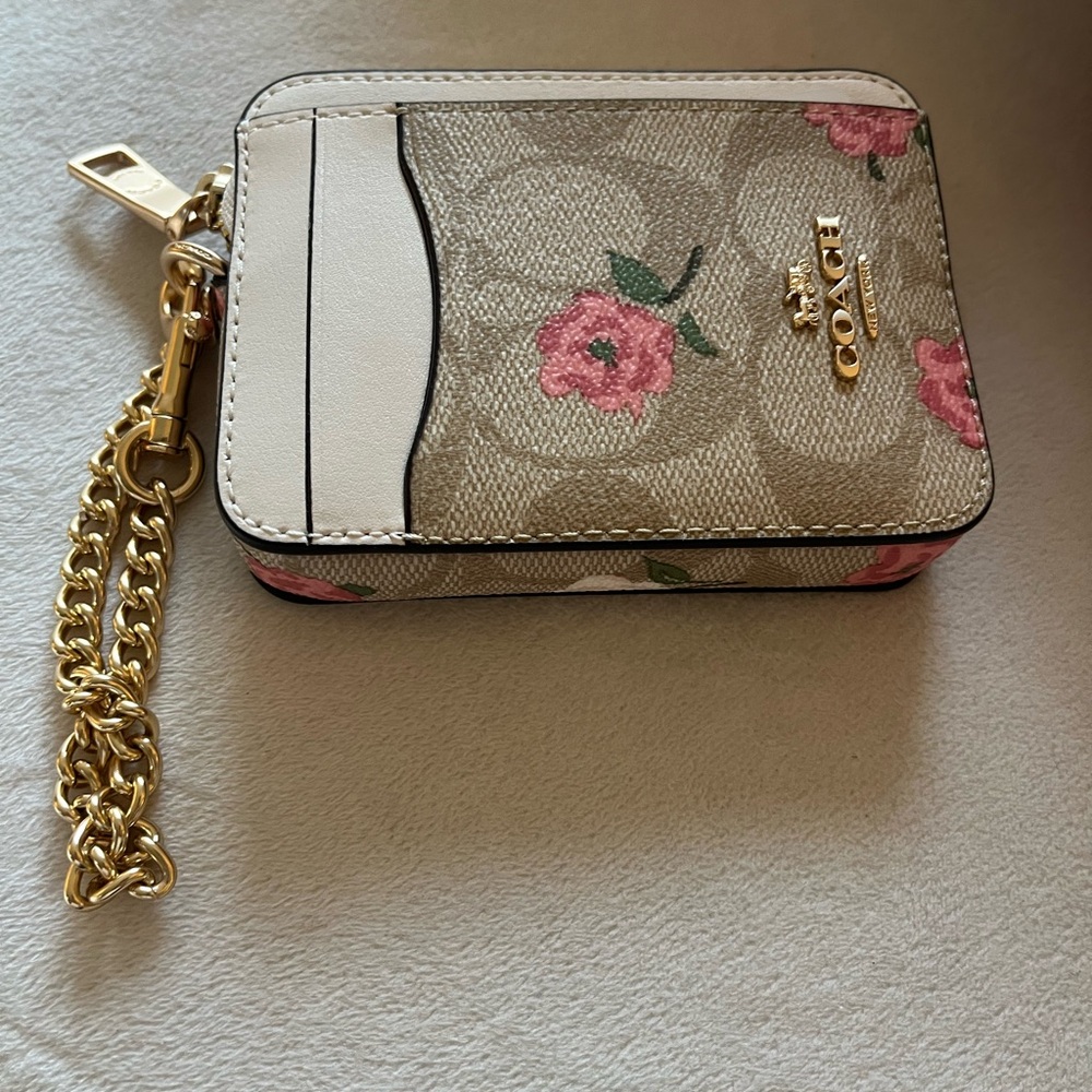 Coach Beige Floral Card Holder with Gold Chain - Picture 3 of 3